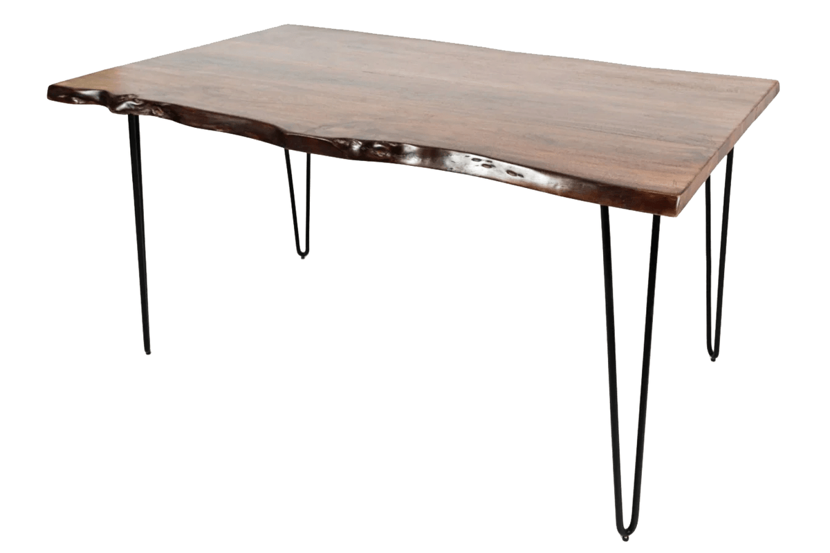 The Live Edge Hairpin Desk features a wooden acacia tabletop with a natural edge and polished surface, highlighting the wood grain. It sits on slim metal hairpin legs, making this sleek piece an ideal addition to any home office furniture collection.