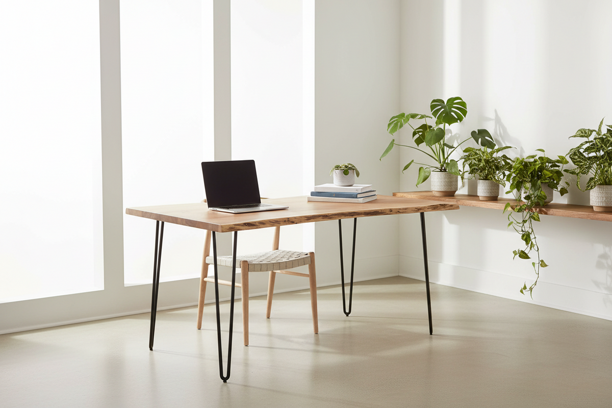 Live Edge Hairpin desk staged in a bright minimalist home office with a woven chair, laptop and trailing plants