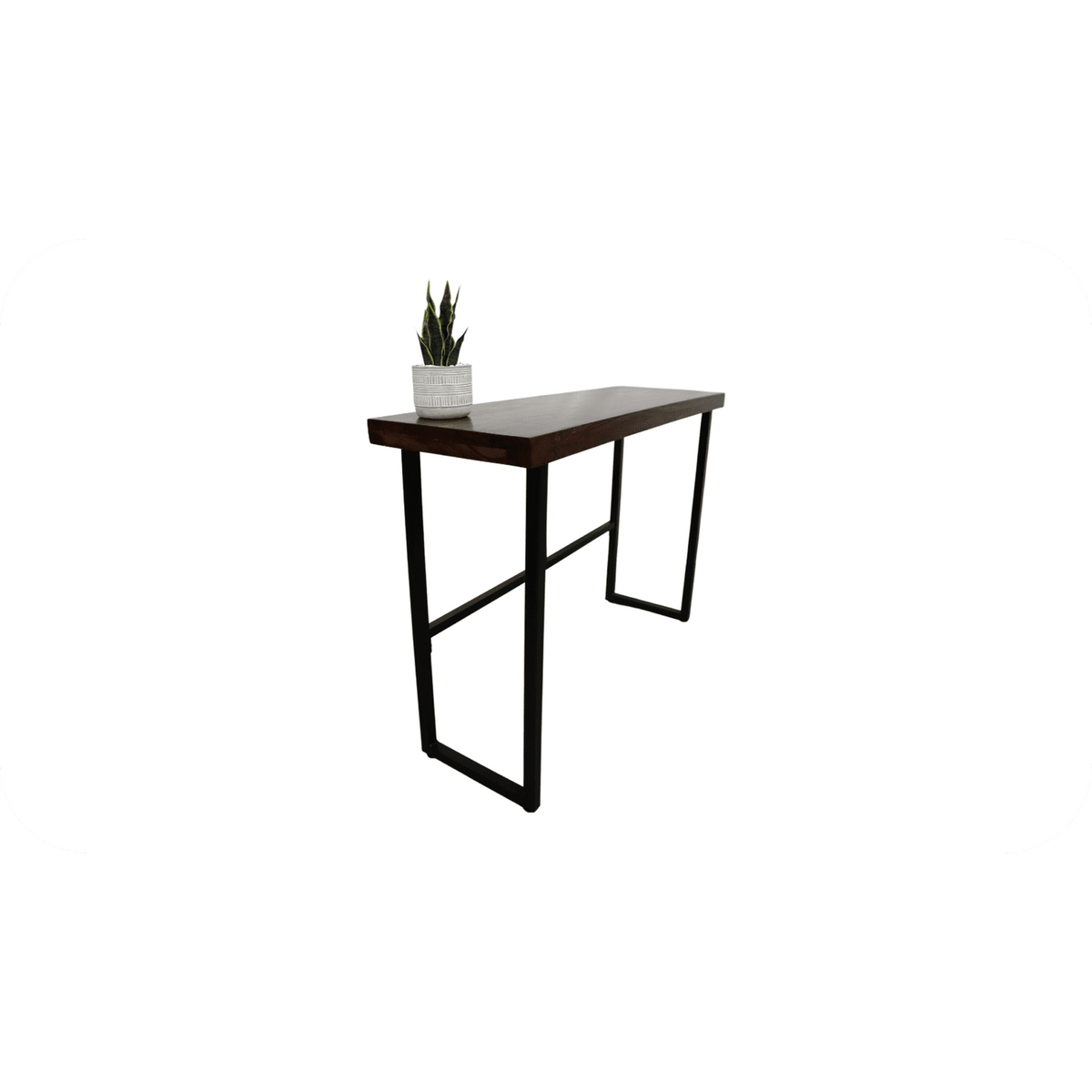 The Rosewood Console features sleek black metal legs and a charming small potted plant on its left side, accentuating its modern design against a plain white backdrop—an ideal piece for those seeking eco-friendly furniture.