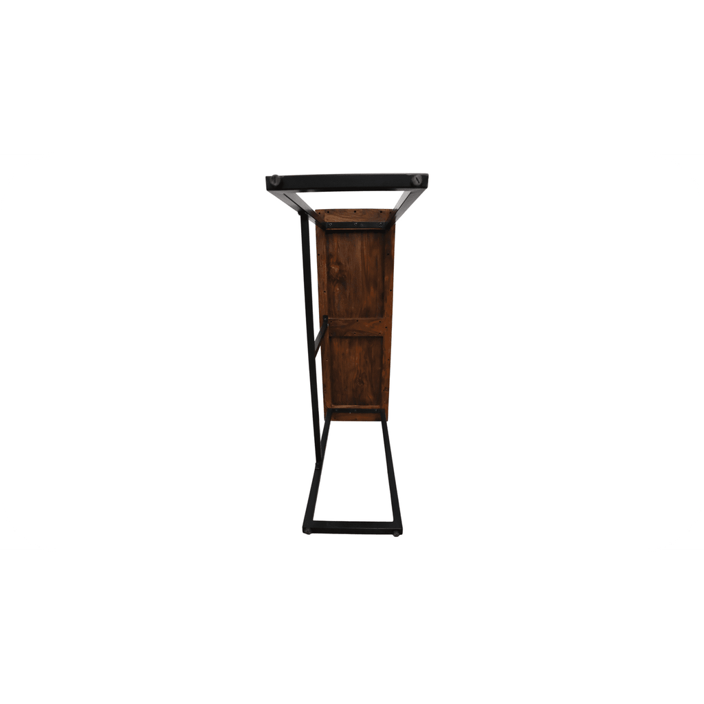 The Rosewood Console is a tall, eco-friendly unit featuring a triangular design with two wooden shelves made from sustainable materials. Its minimalist black metal frame complements dining room furniture with a narrow profile and showcases elegant construction details.