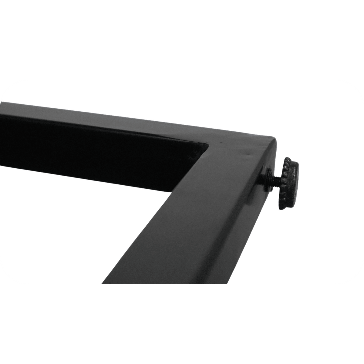 A close-up of the Rosewood Consoles black metal frame, featuring a screw at one corner. Its rectangular shape with rounded edges evokes a modern, eco-friendly design, beautifully set against a white backdrop.