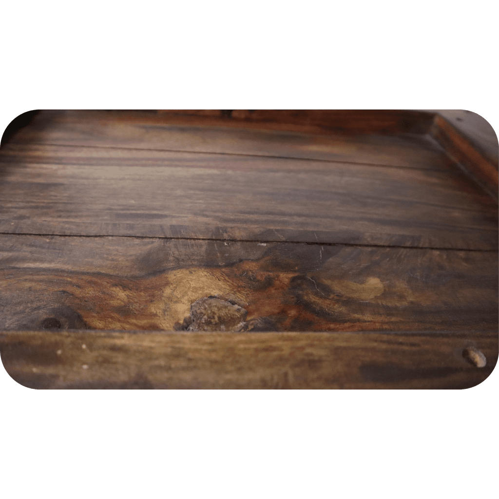 Close-up of the eco-friendly Rosewood Console surface with visible grains and knots, featuring a slightly glossy finish. The wood exhibits natural color variations from light to dark brown, creating an earthy texture ideal for dining room furniture.