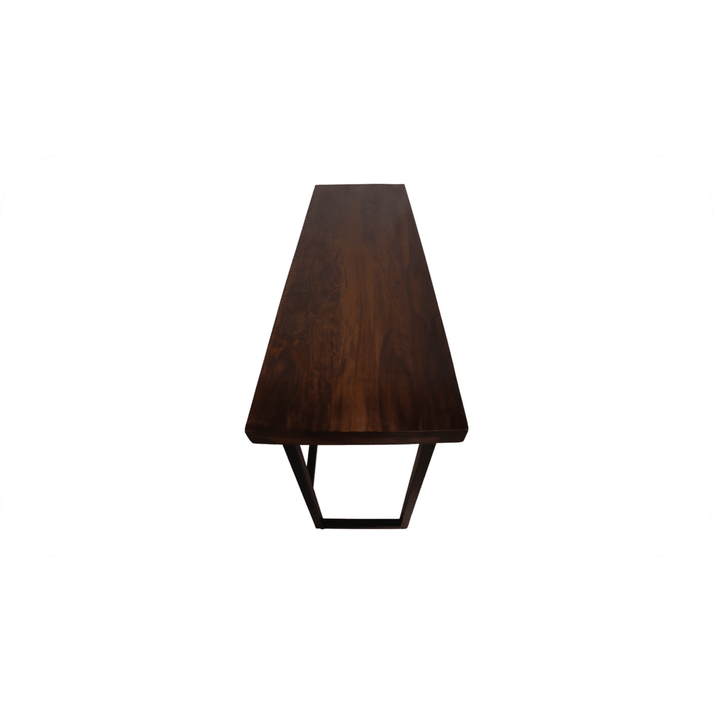 The Rosewood Console is a long, rectangular table with dark-finished wood and metal legs, exuding an eco-friendly vibe, viewed from above on a white background.