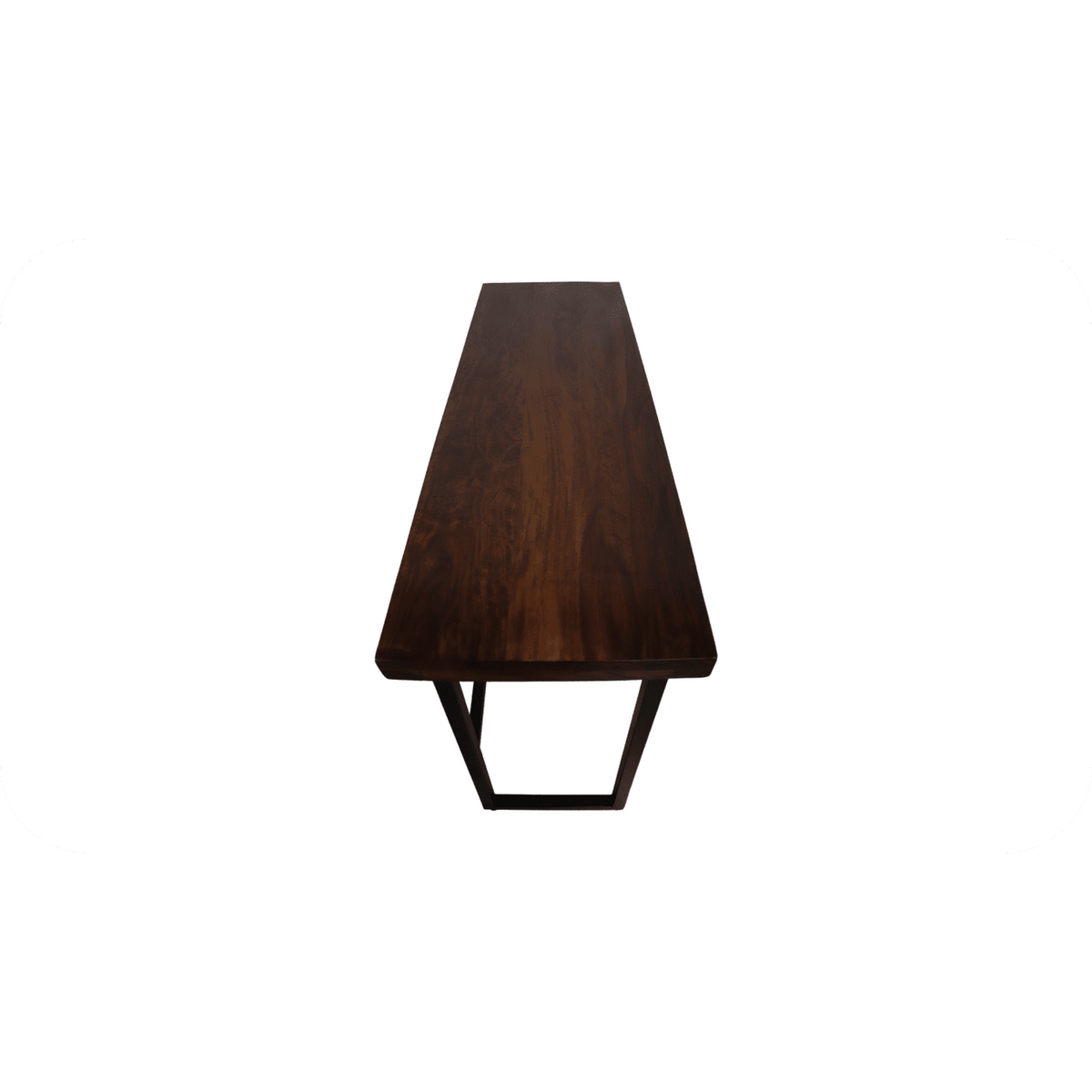 The Rosewood Console is a long, rectangular table with dark-finished wood and metal legs, exuding an eco-friendly vibe, viewed from above on a white background.