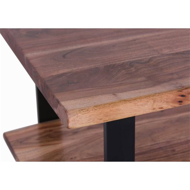 Close-up of a Live Edge Coffee Table with natural wood grain. The rectangular design features two tiers supported by black metal legs, while its live edge finish in shades of brown and tan enhances its organic charm.
