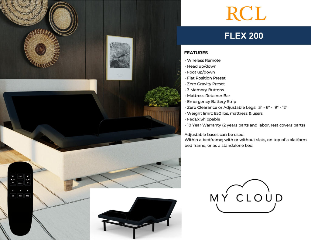 Modern bedroom featuring the My Cloud Adjustable Power Bed Frame in a flat position, highlighted by a wireless remote and zero gravity preset. A sleek remote is visible in the foreground.