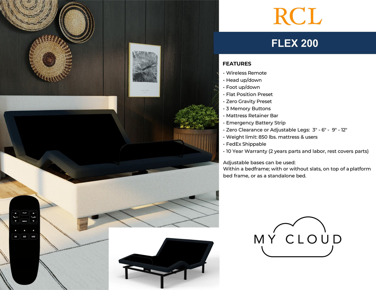 Modern bedroom featuring the My Cloud Adjustable Power Bed Frame in a flat position, highlighted by a wireless remote and zero gravity preset. A sleek remote is visible in the foreground.