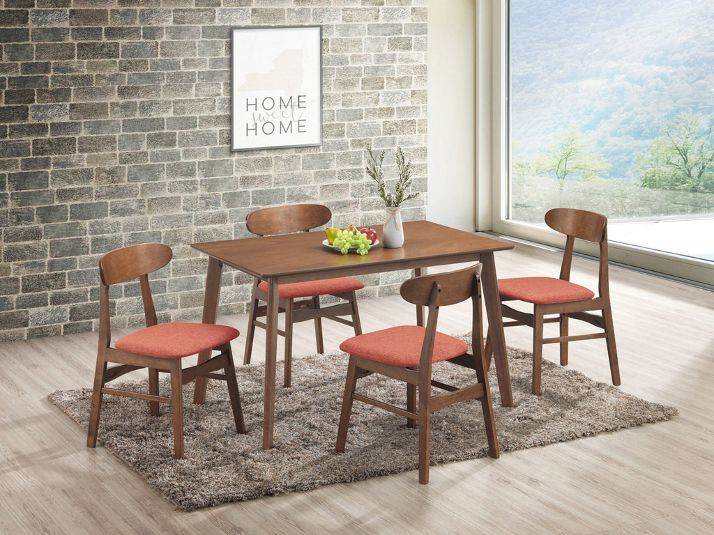 Loring 47 inch walnut brown dining table with orange cushion chairs