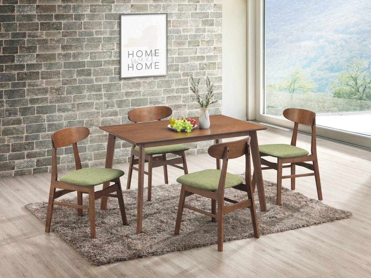 Loring dining table with green cushion chairs