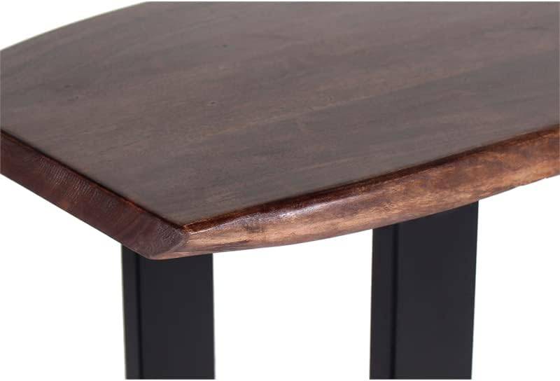 The Live Edge Console features a close-up of its corner, highlighting the smooth, polished dark brown acacia wood with a slightly rounded edge for a unique style. Supported by black metal legs, its an eco-friendly choice ideal for modern interiors.
