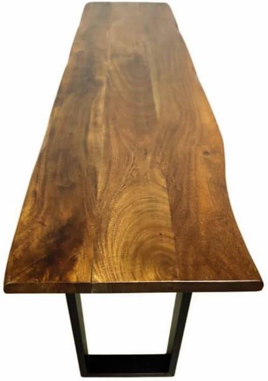 The Live Edge Console features a long, rectangular tabletop made from eco-friendly live edge acacia wood, displaying diverse brown shades and unique grain patterns, supported by black U-shaped metal legs.