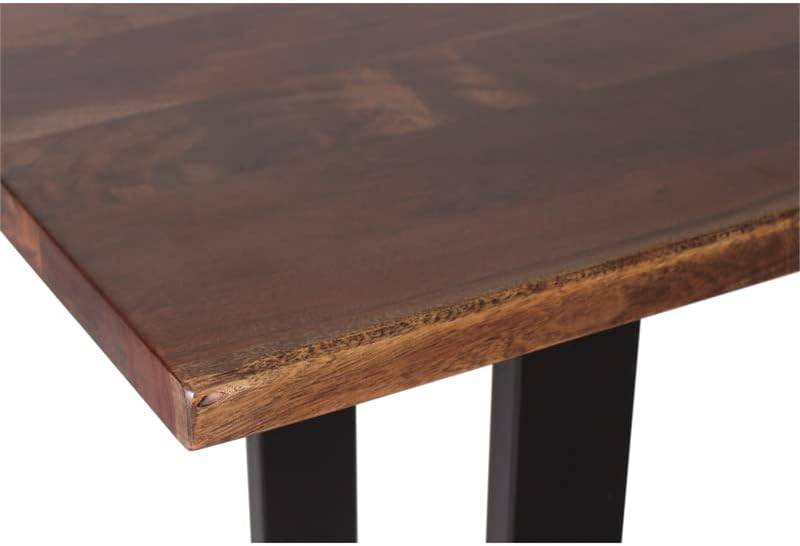 A close-up of the Live Edge Consoles wooden tabletop, crafted from eco-friendly acacia, highlights a rich brown finish with smooth edges and a unique natural grain. Black metal legs support the piece, partially visible at the bottom.