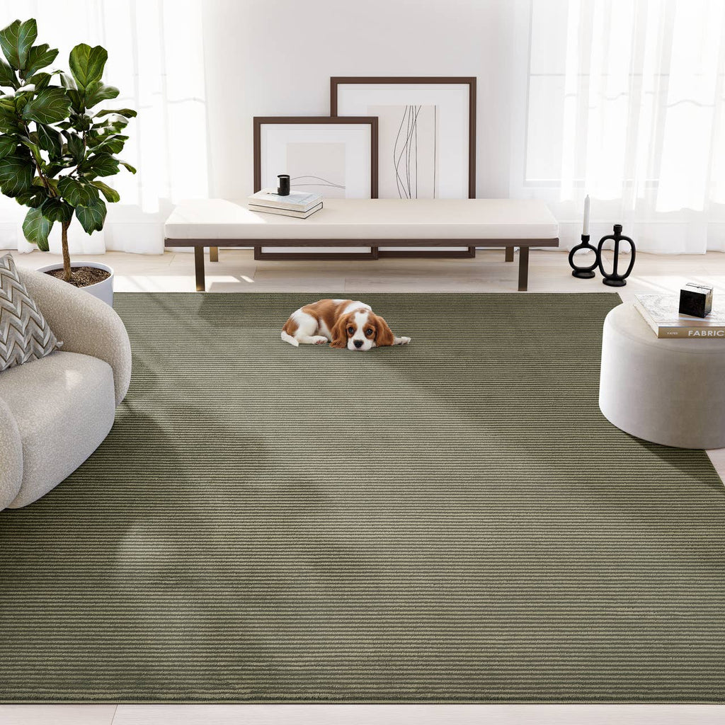 Plush Deco Machine Washable Textured Stripes Green Rug