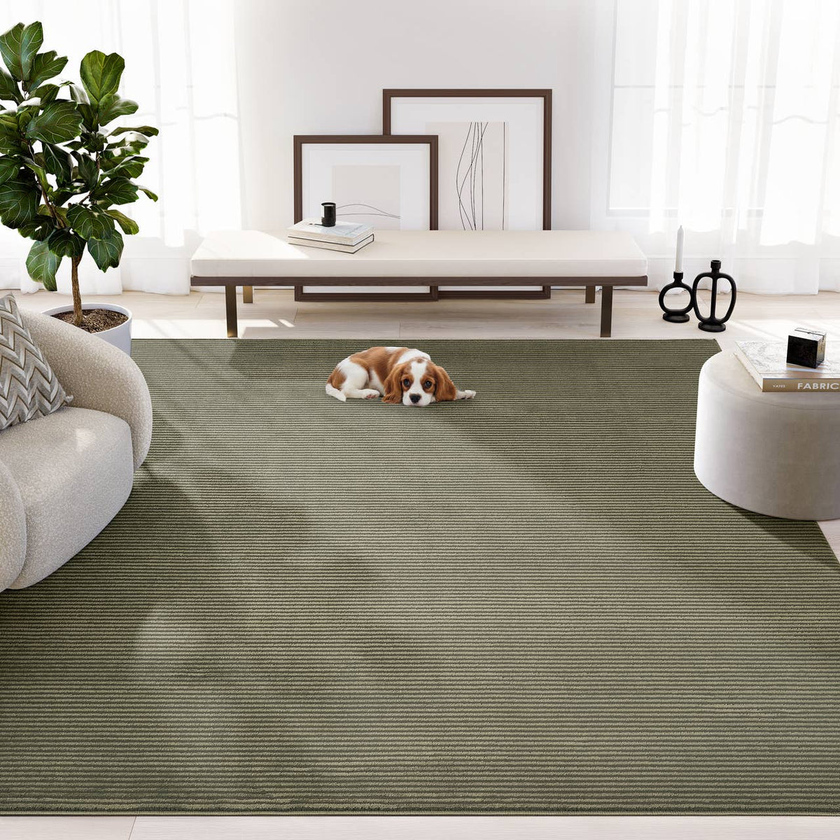Plush Deco Machine Washable Textured Stripes Green Rug