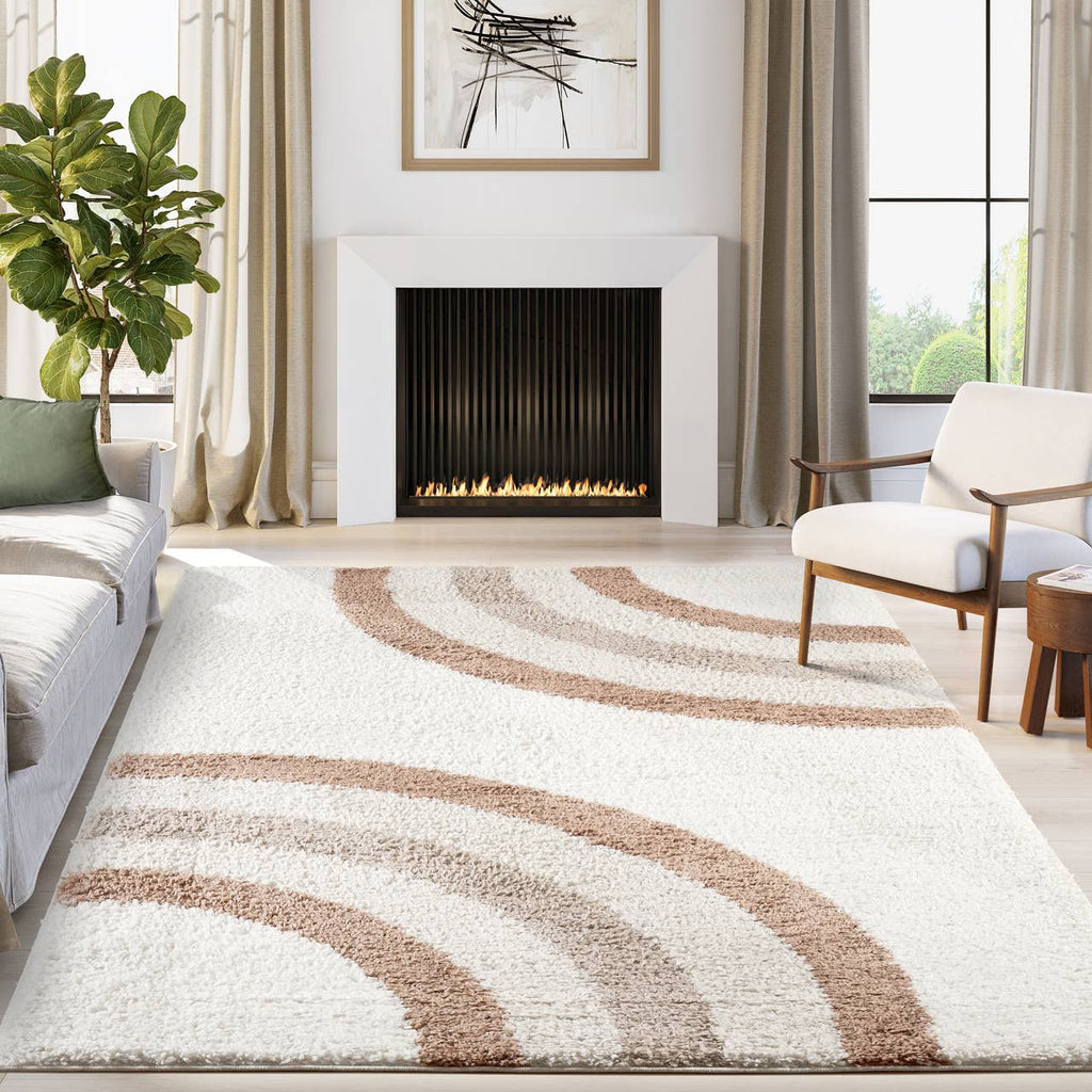 Lisbon Ivory Shag Rug with Taupe and Brown Rainbow Arches