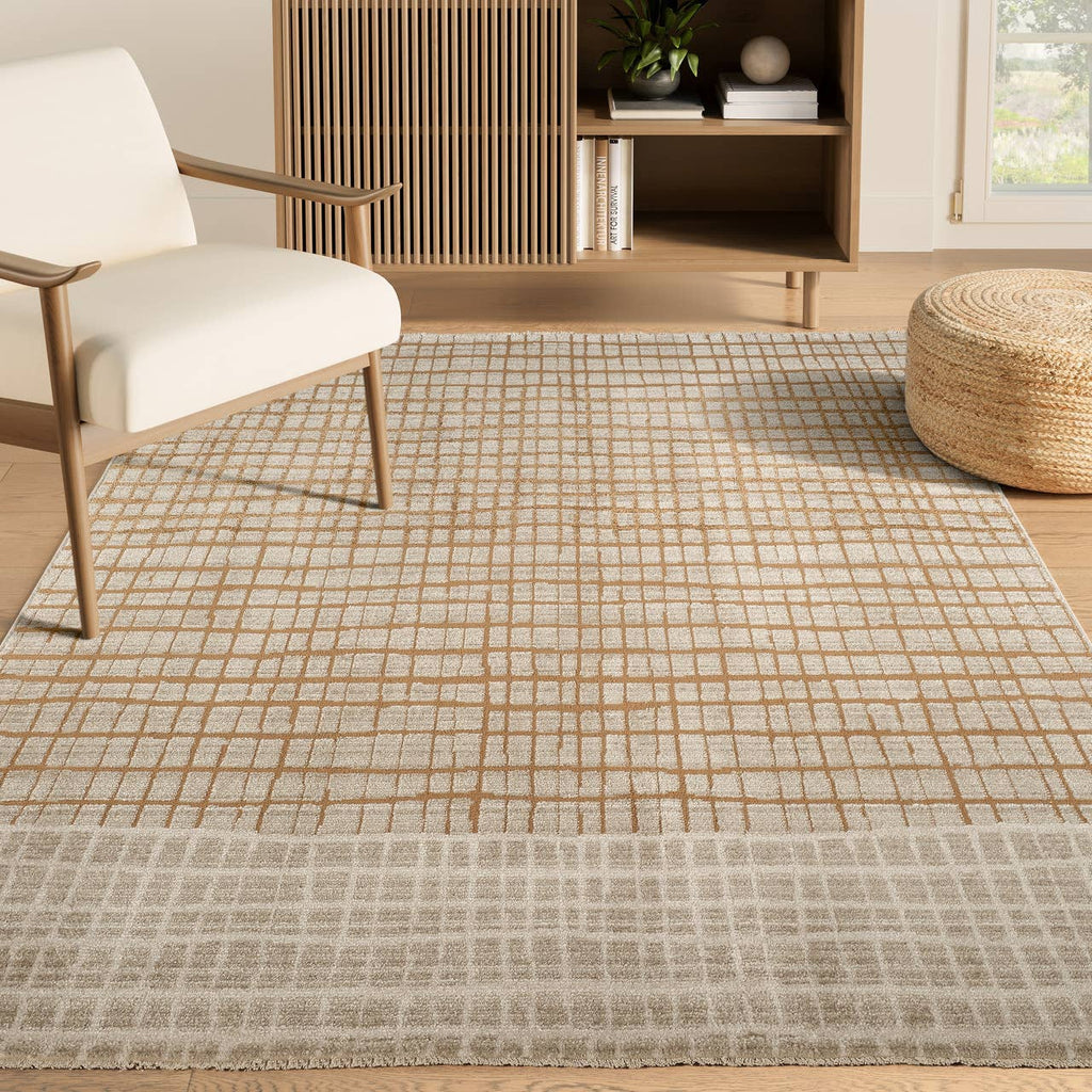 Evelyn Modern Grid Fade Beige Camel Brown Area Rug