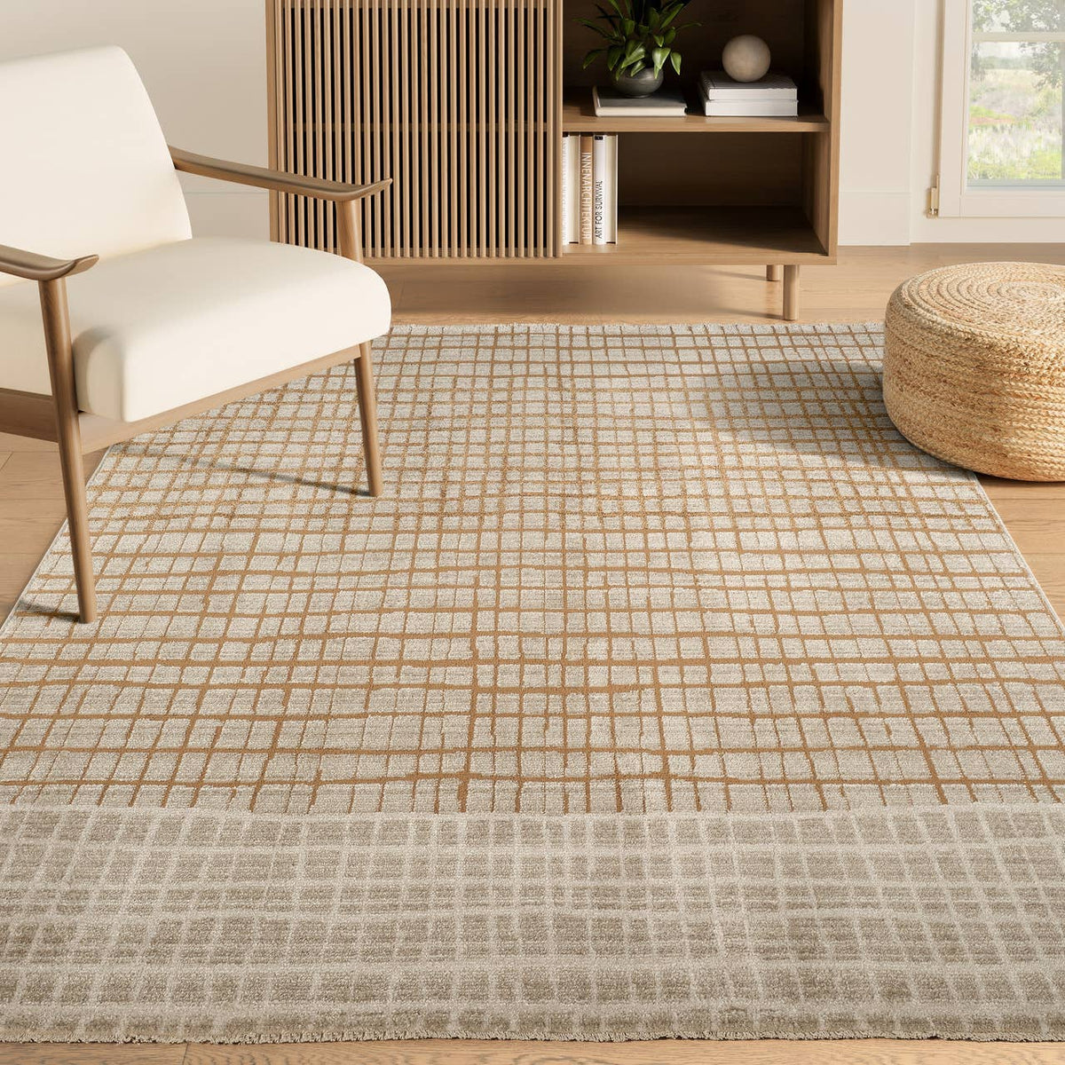 Evelyn Modern Grid Fade Beige Camel Brown Area Rug