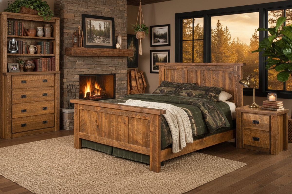 Pioneer bed styled in a warm rustic bedroom with fireplace