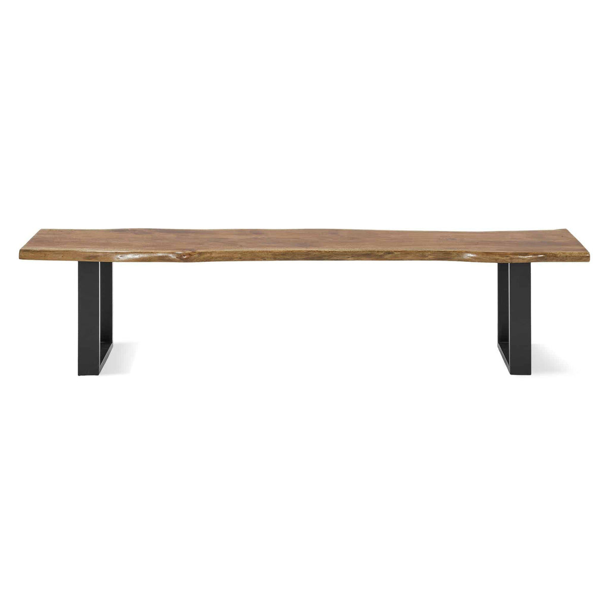 The Live Edge Bench boasts a minimalist and rustic charm with its handcrafted acacia top on black metal legs. Its smooth, warm brown surface is ideal for dining or as a standalone piece.