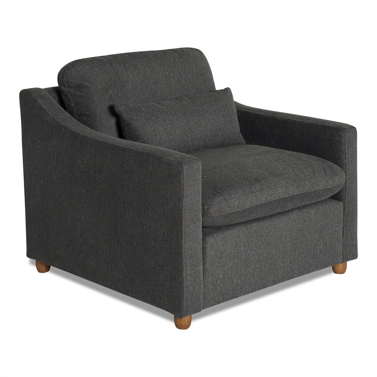 The My Cloud Slope Chair, with its dark gray modern design and wooden legs, epitomizes comfort and style. Featuring a plush build and matching lumbar cushion, its slightly curved armrests enhance the inviting appeal for a true My Cloud relaxation experience.