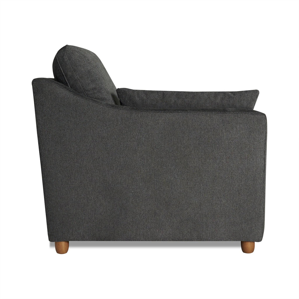 The My Cloud Slope Chair in dark gray has a gently sloped backrest, single cushion, wooden legs, and minimalist design, blending customizable comfort with modern elegance against a plain white backdrop.