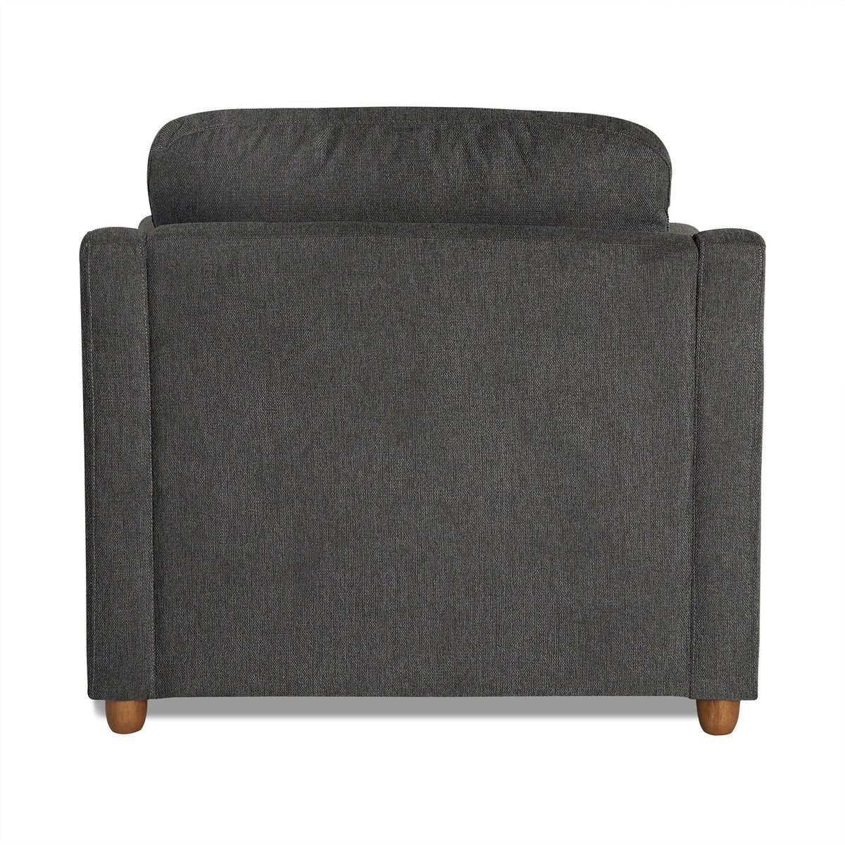 Back view of the My Cloud Slope Chair, a dark gray upholstered armchair with a cushioned backrest for customizable comfort and wooden legs, set against a plain white background.