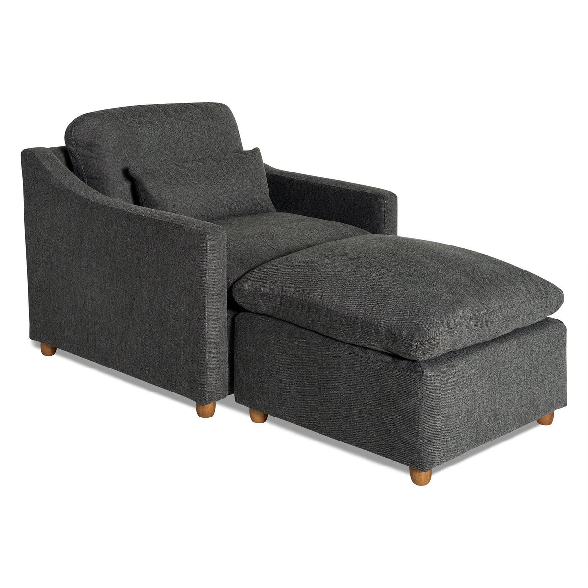 The My Cloud Slope Chair, in dark gray, includes a matching ottoman and wooden legs. With sloped armrests and a cushioned backrest, this set offers modern comfort like sitting on My Cloud.