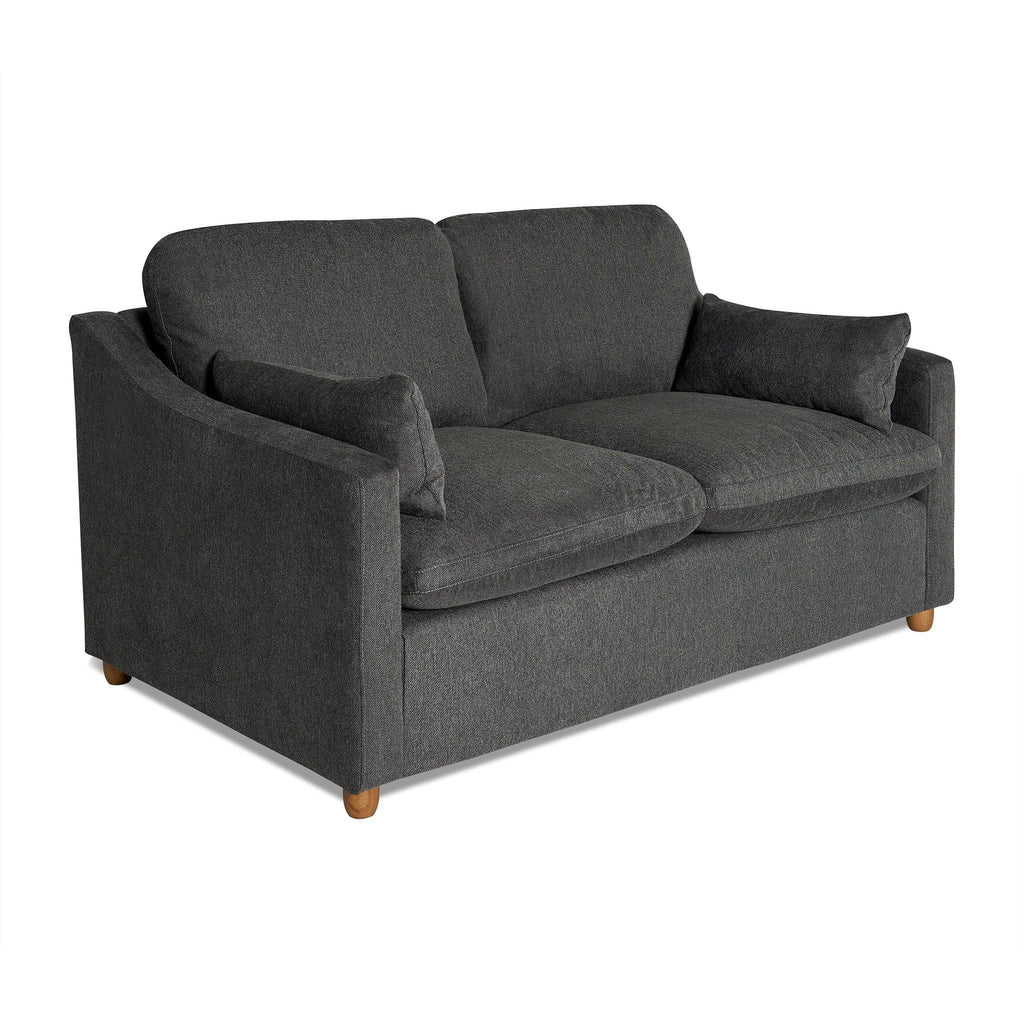 The My Cloud Slope Loveseat in dark gray features thick cushions, slightly angled armrests, and small wooden legs, offering a modern and minimalist design that highlights customizable furniture at its finest.