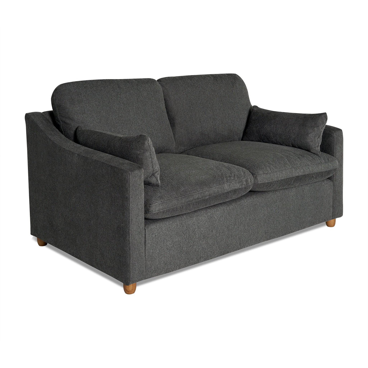 The My Cloud Slope Loveseat in dark gray features thick cushions, slightly angled armrests, and small wooden legs, offering a modern and minimalist design that highlights customizable furniture at its finest.