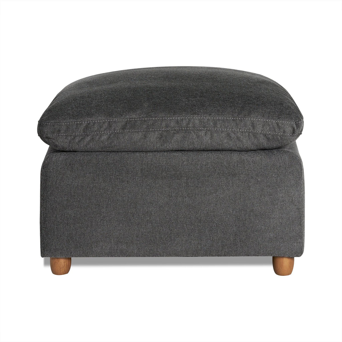 The My Cloud Slope 30 Ottoman, in a square shape and dark gray fabric, features a cushioned top for style and comfort. Supported by four short wooden legs and set against a white backdrop, it exemplifies customizable furniture at its finest.