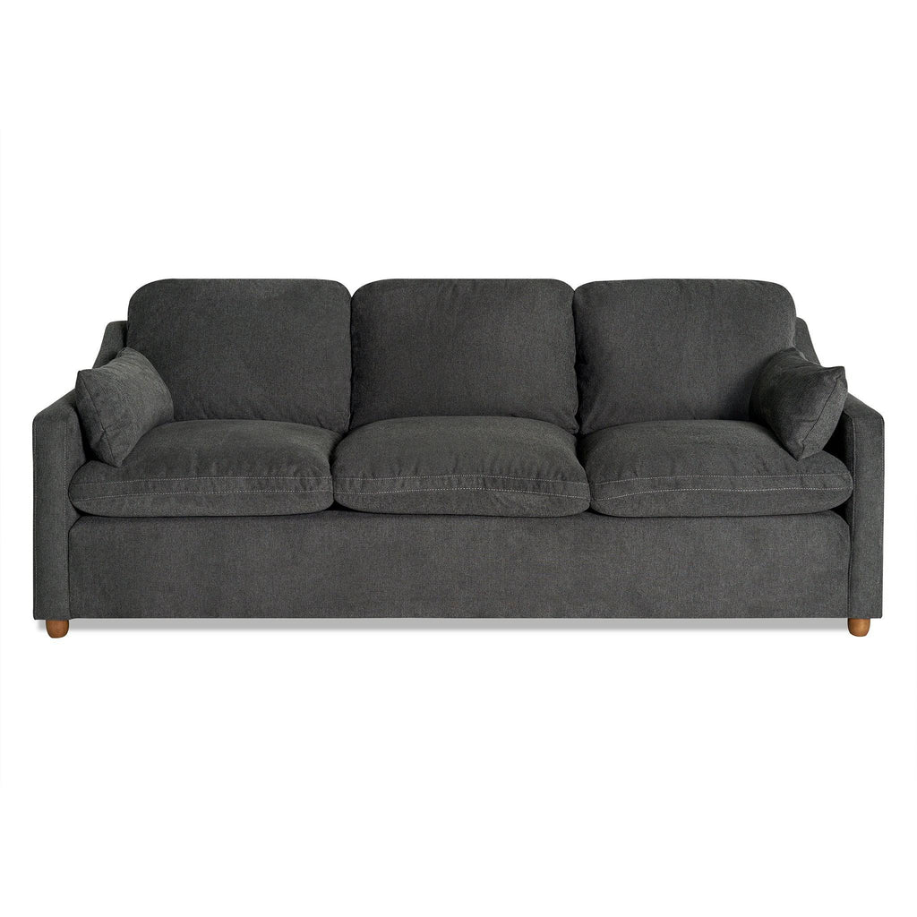 The My Cloud Slope Sofa, in dark gray, is a three-seater with plush cushions and small arm pillows on wooden legs. Its comfortable, simple design with machine-washable covers suits any modern living room perfectly.