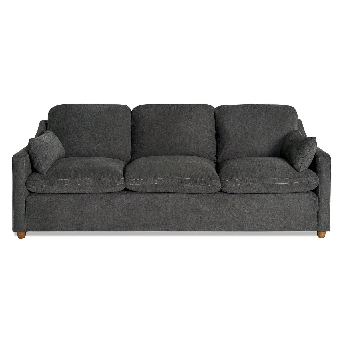 The My Cloud Slope Sofa, in dark gray, is a three-seater with plush cushions and small arm pillows on wooden legs. Its comfortable, simple design with machine-washable covers suits any modern living room perfectly.