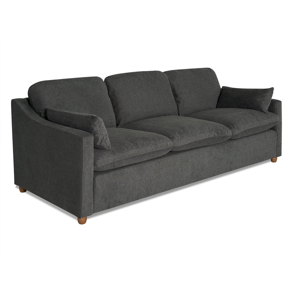 The My Cloud Slope Sofa, featuring a modern design with slightly curved armrests and wooden legs, comes in dark gray. Its plush fabric ensures comfort, and machine-washable covers make it ideal for any living room.