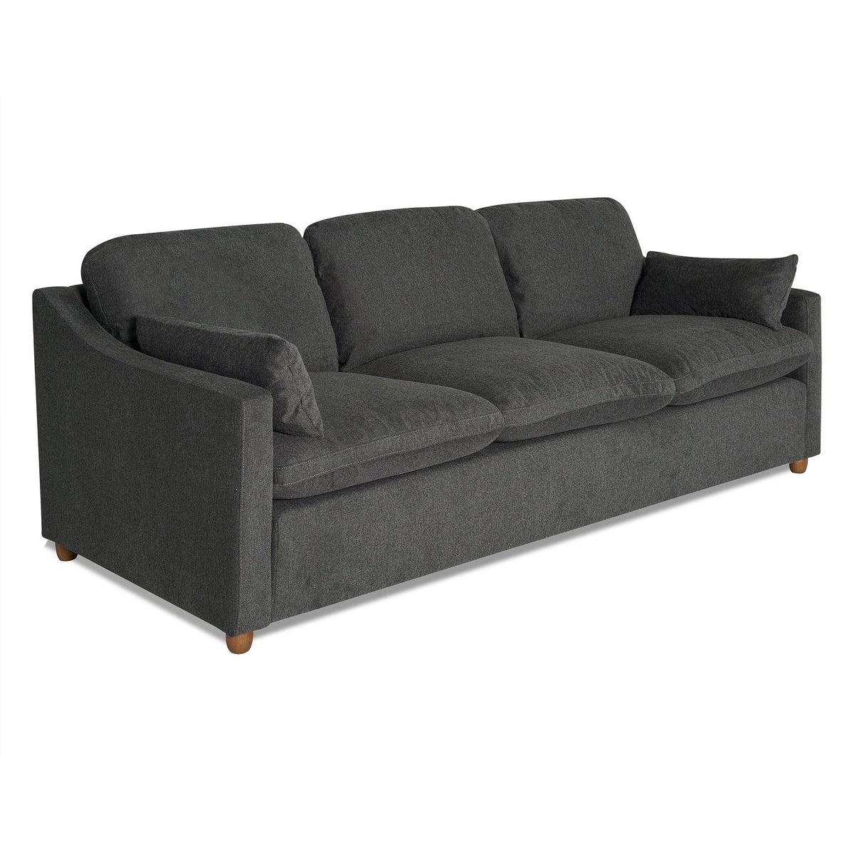 The My Cloud Slope Sofa, featuring a modern design with slightly curved armrests and wooden legs, comes in dark gray. Its plush fabric ensures comfort, and machine-washable covers make it ideal for any living room.
