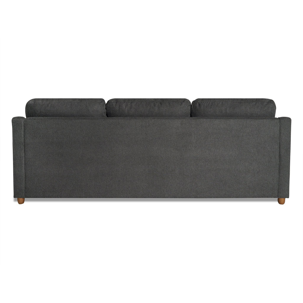 Rear view of the My Cloud Slope Sofa in dark gray, showcasing three cushions, clean lines, and wooden legs. This minimalist design includes a solid upholstered back with customizable options and convenient machine-washable covers.