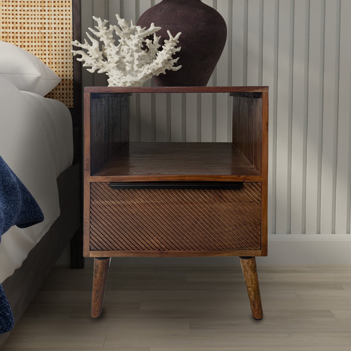 Mid-century modern side table with diagonal wood inlay, alternate view