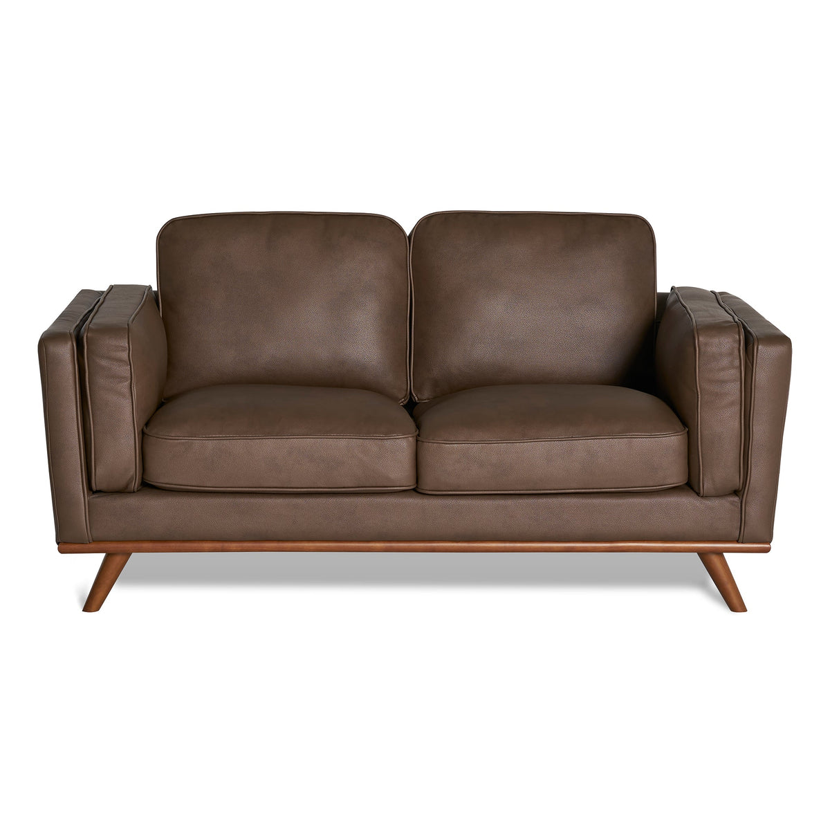 The Maddox Loveseat is a brown leather piece featuring a mid-century modern design, with two seat and back cushions, angular armrests, and four wooden legs for contemporary aesthetics and durability.