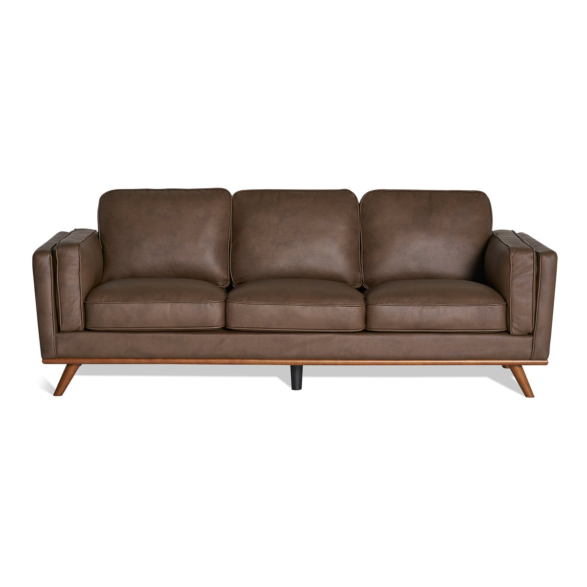 The Maddox Sofa is a mid-century modern piece featuring brown leather upholstery, plush cushions, and elegant wooden legs. With its sleek design highlighted by straight lines and a minimalist style, it offers a sophisticated look.