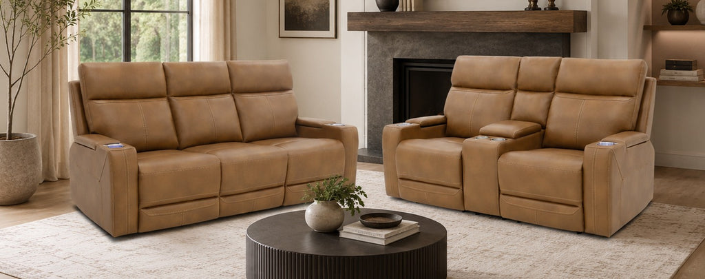 Bronze Cinema power reclining sofa group in bronze upholstery