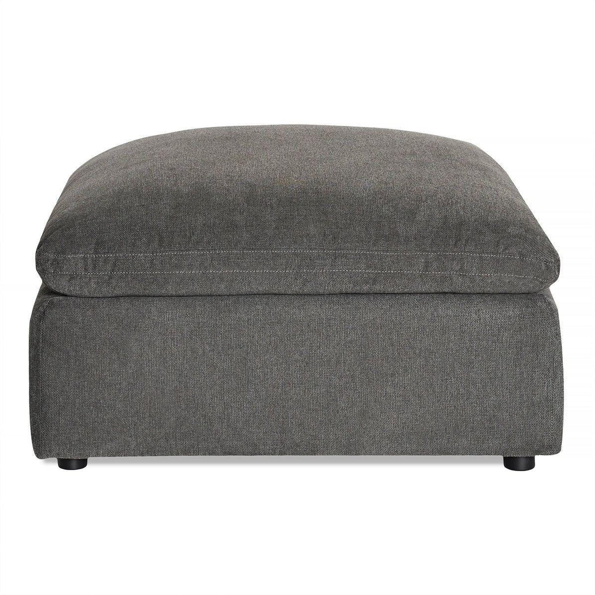 The My Cloud Slope 40 Ottoman offers large, square gray comfort with its cushioned top. It features a sleek fabric finish and short black legs, making it perfect customizable furniture for any living room or lounge with its simple, modern design.