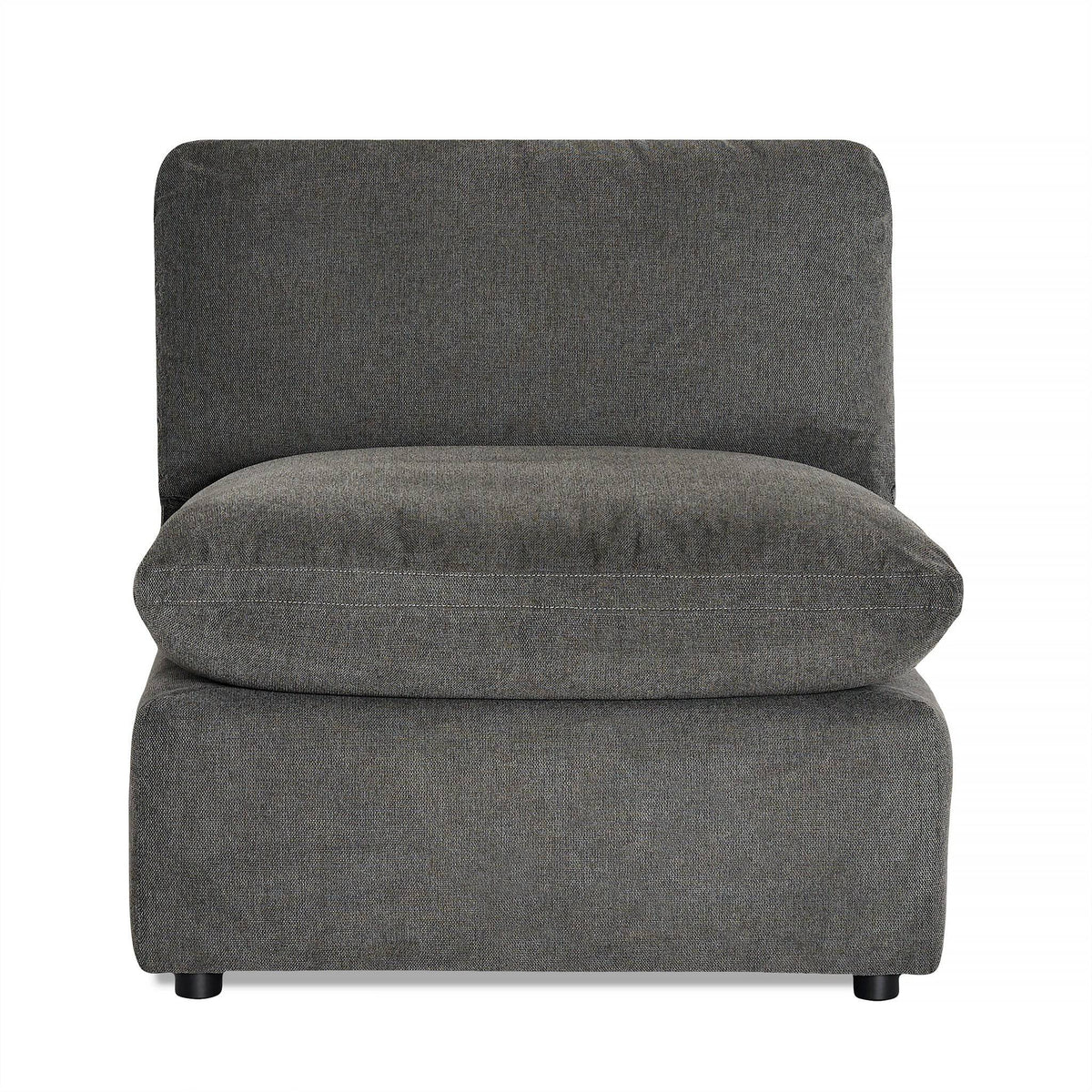 The My Cloud Slope Armless chair features a modern, boxy design with a cushioned gray fabric backrest and seat. It integrates seamlessly as a modular part of versatile sectionals, resting on small black legs, perfect for contemporary interiors.