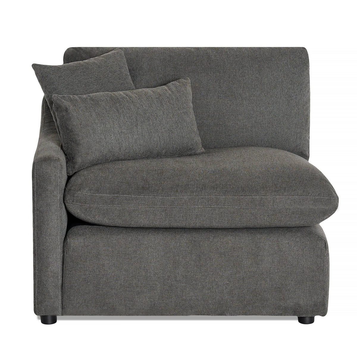 The My Cloud Slope Left Arm is a modular corner chair with a plush seat, two cushions, and an angled left armrest in dark gray fabric. It boasts small black feet and suits any elegant living space.