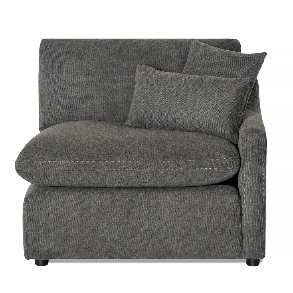 The My Cloud Slope Right Arm is a gray sectional sofa with a corner design offering customizable seating. It includes two matching throw pillows, a spacious seat, and no visible legs for a cozy, minimalist look.