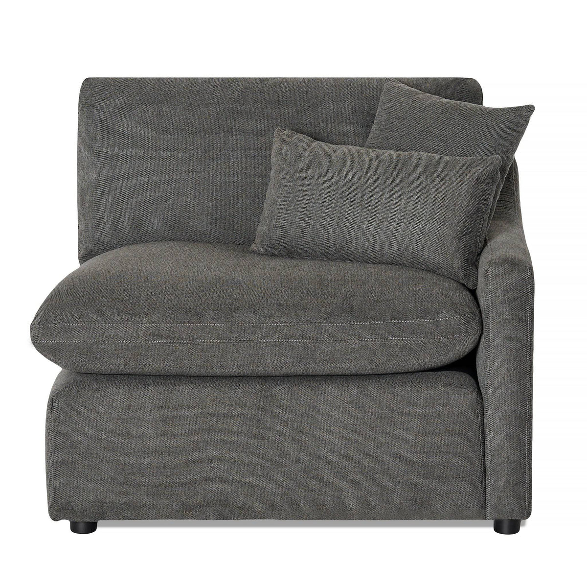 The My Cloud Slope Right Arm is a gray sectional sofa with a corner design offering customizable seating. It includes two matching throw pillows, a spacious seat, and no visible legs for a cozy, minimalist look.