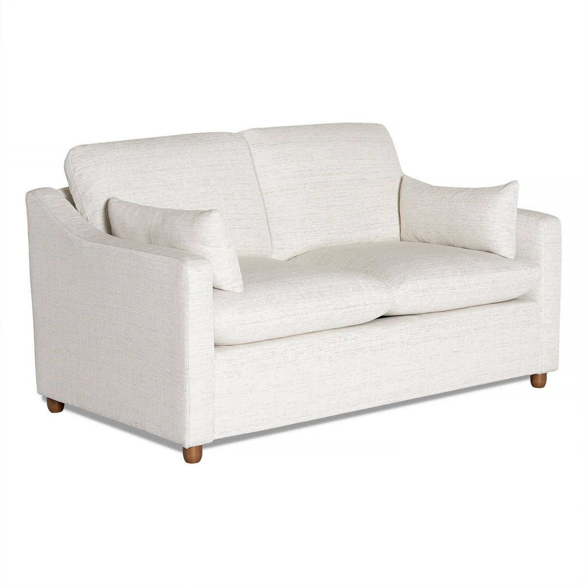 Discover the My Cloud Slope Loveseat, a sleek white design with plush cushions and matching side pillows. This customizable piece boasts a minimalist style with angled arms and robust wooden legs, ideal for modern living rooms.