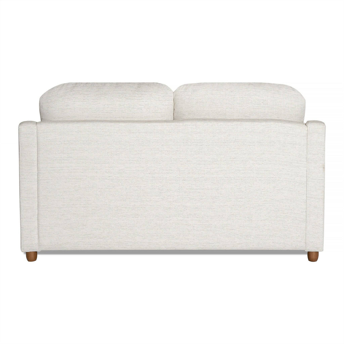 Back view of the light beige My Cloud Slope Loveseat, featuring My Cloud Slope textured fabric. This two-seater includes two back cushions and stands on four short wooden legs, showcasing a simple, modern design.