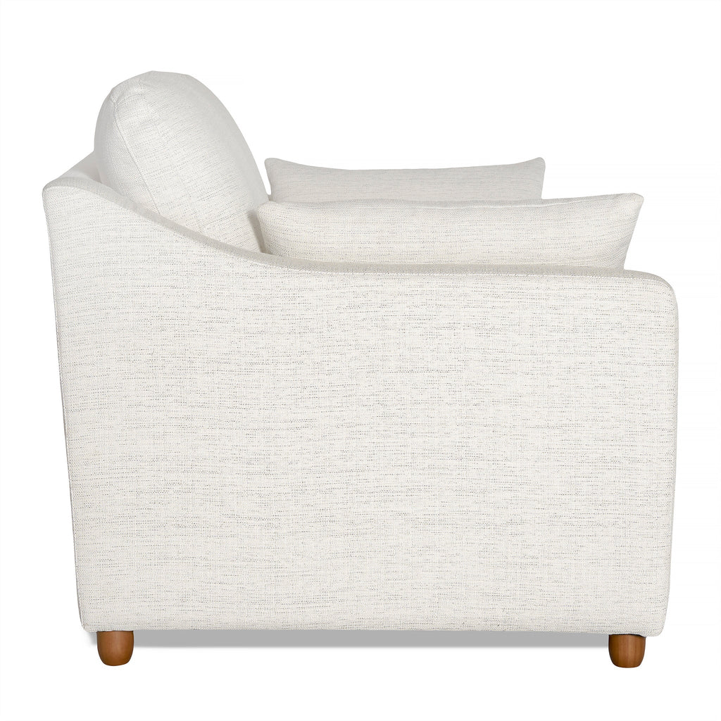 Side view of the My Cloud Slope Loveseat, a modern white fabric sofa with two back cushions and rounded wooden legs, featuring sleek, slightly curved armrests for a minimalist look. This customizable piece is set against a plain white background.