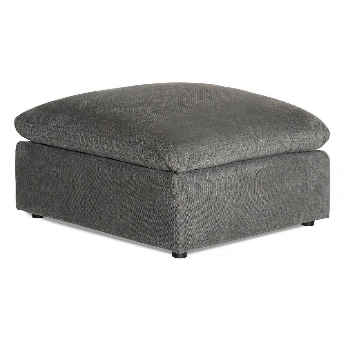 The My Cloud Slope 40 Ottoman features a square, modern design with dark gray fabric and low black feet, offering comfortable elegance. The plush top cushion, matching the base in color and texture, adds a serene touch to any space.