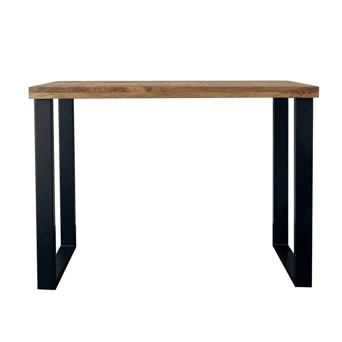 The Mango Console features a textured wooden top made from eco-friendly materials and black metal legs. Its minimalist design with clean, straight lines makes this sturdy rectangular table ideal for dining rooms or offices.