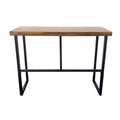 The Rosewood Console is a minimalist wooden desk, ideal for dining rooms, featuring a rectangular tabletop and a thin metal frame. Its four straight legs are supported by horizontal bars, providing stability. The light brown wood beautifully contrasts with the sleek black metal for an elegant touch.